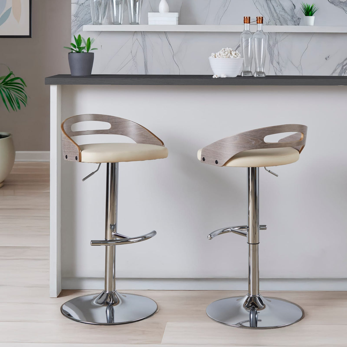 Light Grey PU Leather Bar Stools with Swivel for Dining Room Seating