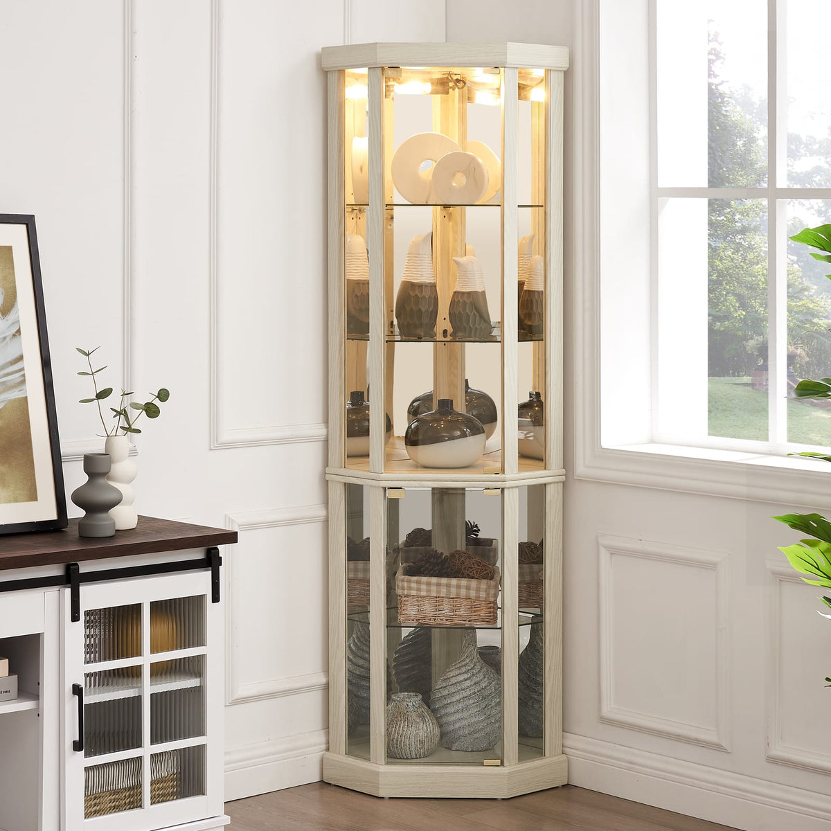 Antique White Corner Curio Cabinet with Lights - Display Case