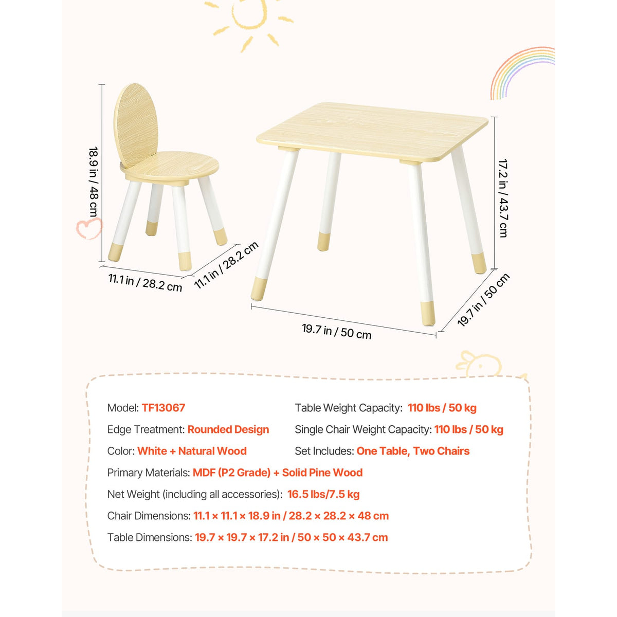 Wood Toddler Table and 2 Chairs Set - Kids Dining Set