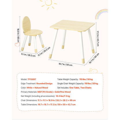 Wood Toddler Table and 2 Chairs Set - Kids Dining Set