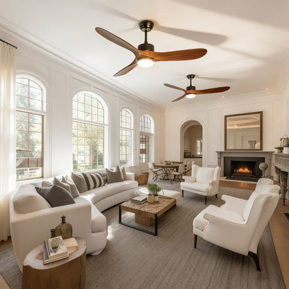 60 Inch Matte Black Ceiling Fan with Wood Blades - DC Motor, Remote Control