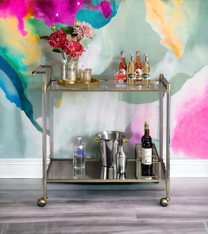 Antique Brass Glass Serving Cart for Kitchen Storage and Dining