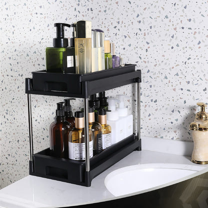 Black Plastic Under Sink Storage Cabinet with Double Drawers for Living Room