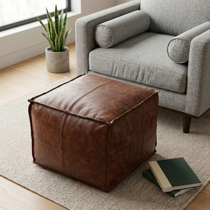 Dark Brown Leather Square Pouf - 18 Inch Wide for Living Room