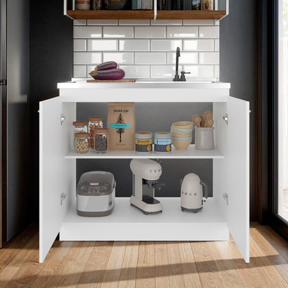White Kitchen Storage Cabinet 35.4" - 3 Shelves for Dining Room