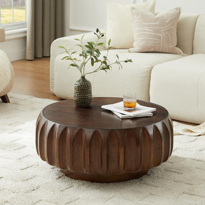 Walnut Solid Wood Carved Coffee Table - 31.5" Round