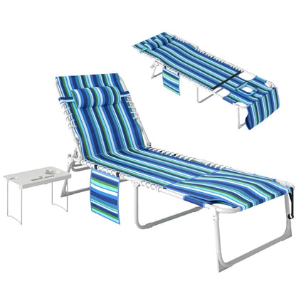 Folding Tanning Chair with Side Table - Blue Stripe for Living Room
