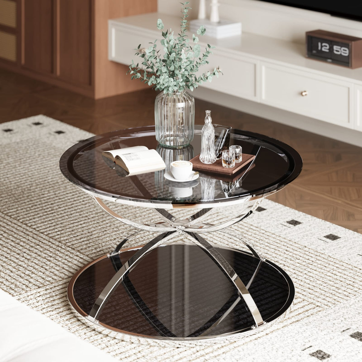31.5" Modern Glass Coffee Table - Silver, Dual Tier Storage for Living Room