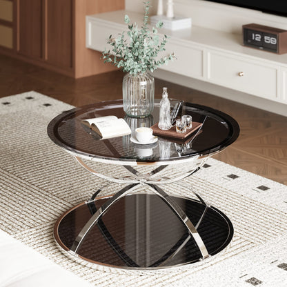 31.5" Modern Glass Coffee Table - Silver, Dual Tier Storage for Living Room