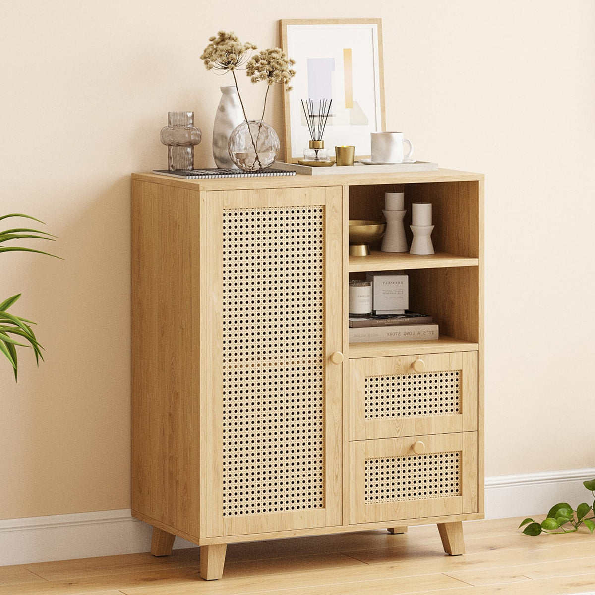 Natural Engineered Wood Buffet Cabinet - 15"W x 27.5"D x 33.8"H