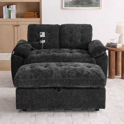 Black Foam Double Sofa Recliner - 2 Seat with Ottoman