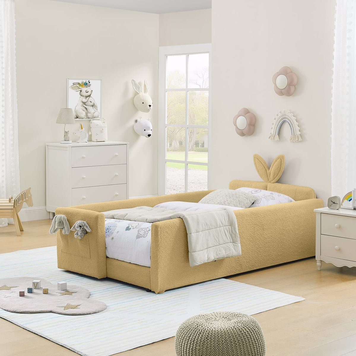 Twin Yellow Upholstered Bed Frame with Boucle Fabric for Bedroom