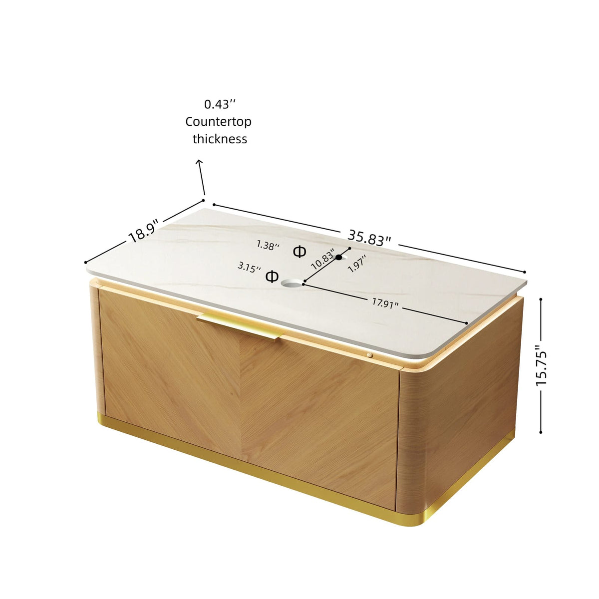DIPA 36" Carrara White & Golden Oak Bathroom Vanity - Plywood Storage