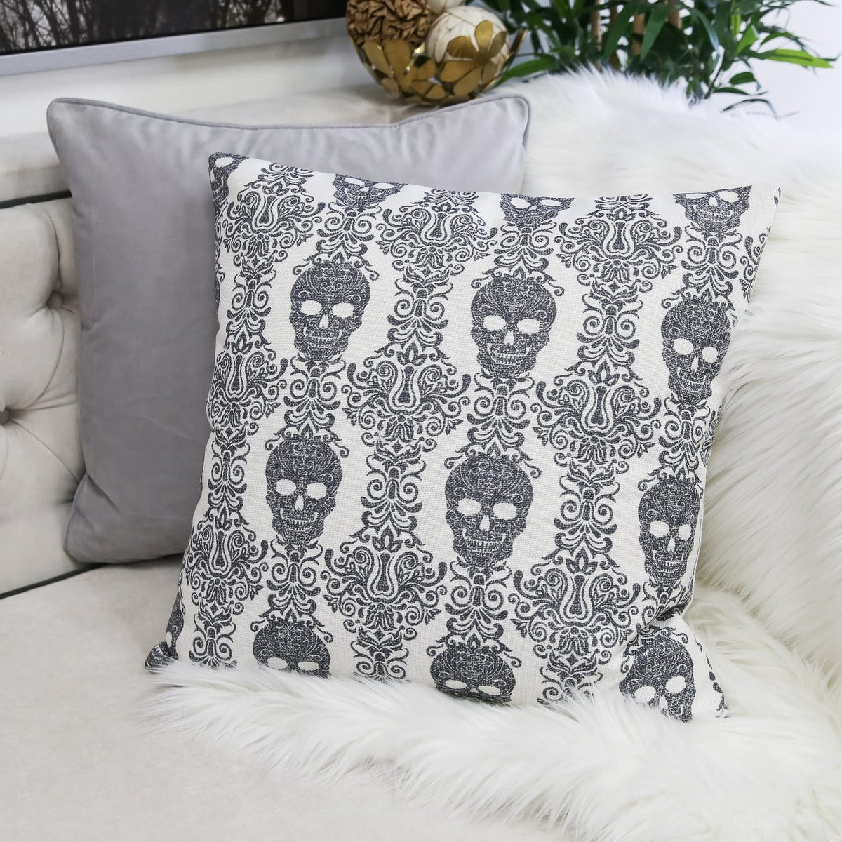 Gray Gothic Damask Skull Throw Pillow 20x20