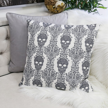 Gray Gothic Damask Skull Throw Pillow 20x20