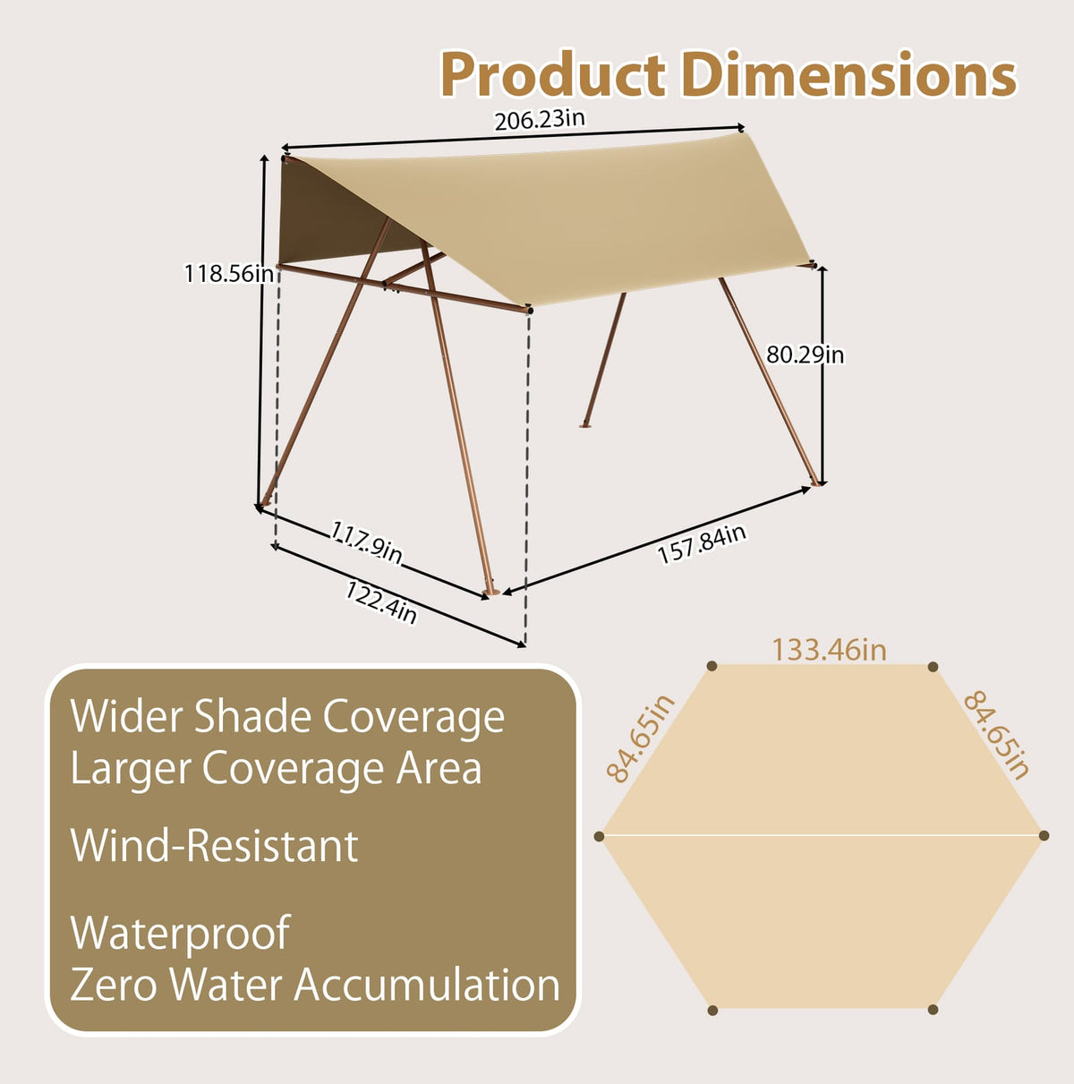 Large Hexagonal Shade Sail Canopy - Brown, UPF 50+ Protection