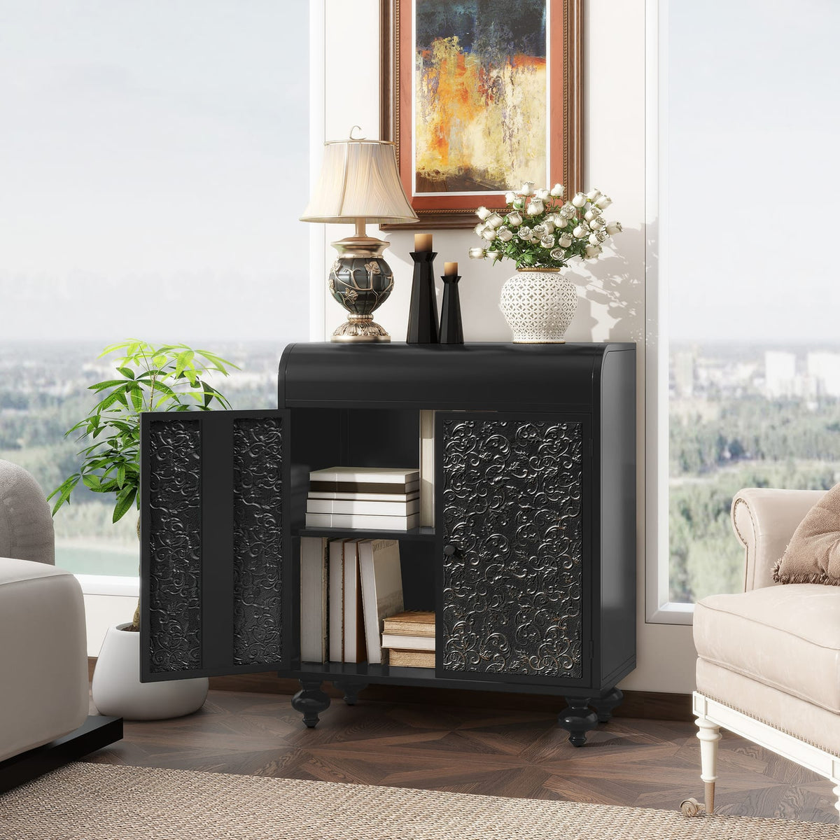Antique Black Steel Sideboard Buffet Cabinet with Shelves