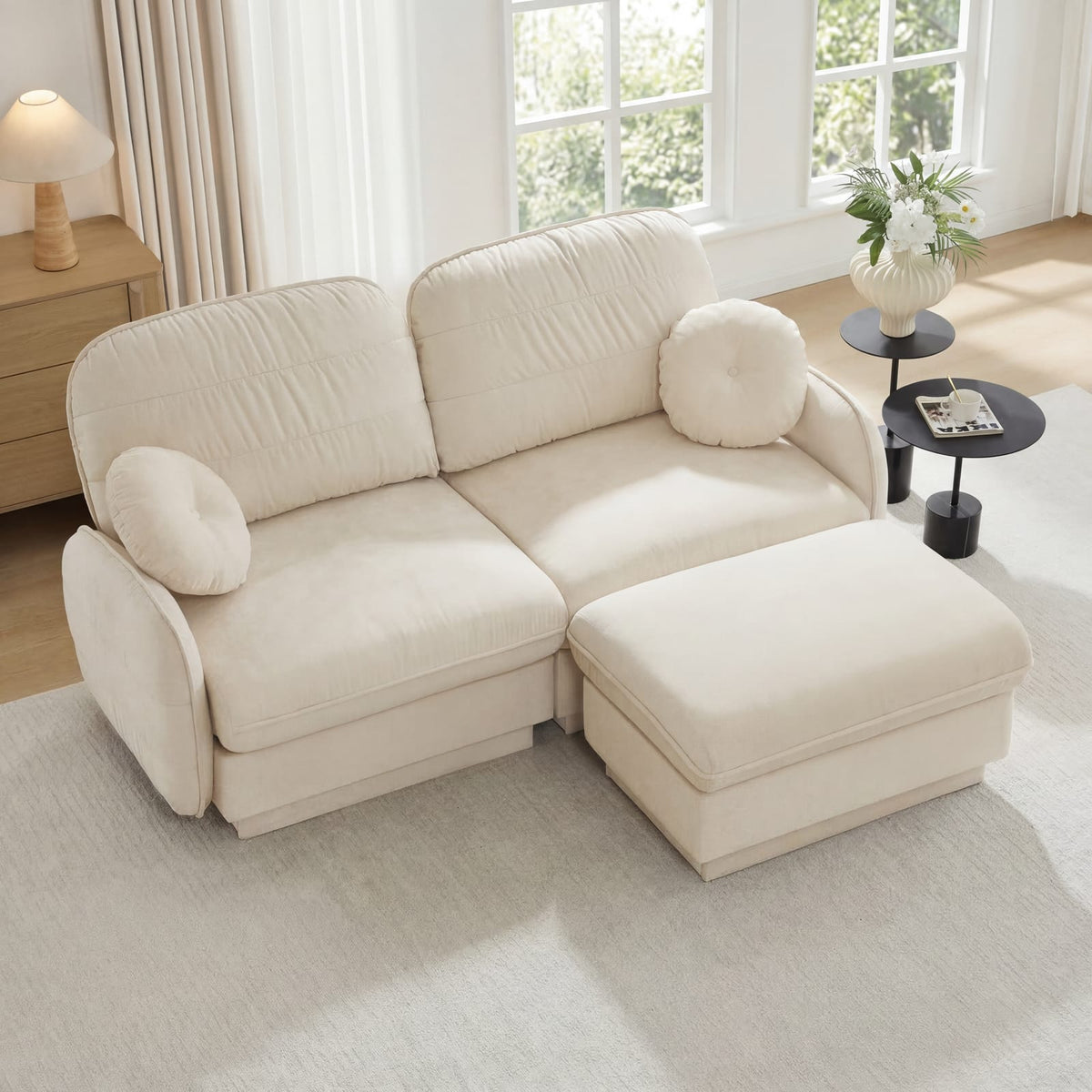 Cream Beige Chenille Cloud Sofa with Ottoman, Modular L-Shape Lounge for Living Room