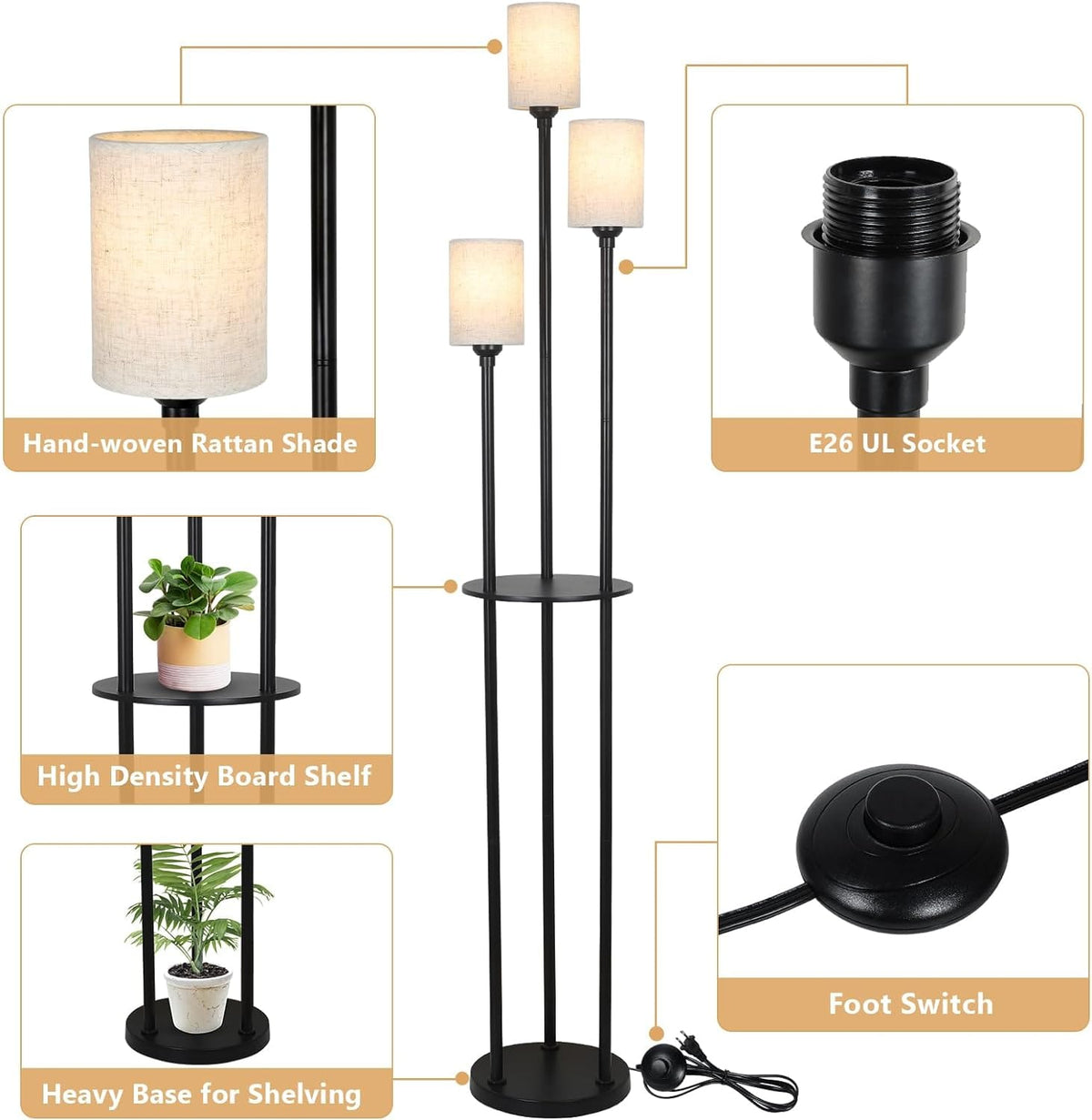 3-Light Rattan Metal Floor Lamp with Shelves - Brown Black Bedroom Lighting