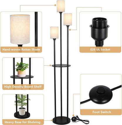 3-Light Rattan Metal Floor Lamp with Shelves - Brown Black Bedroom Lighting
