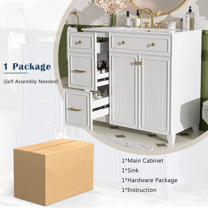 36 Inch White Bathroom Vanity with Ceramic Sink and Adjustable Storage