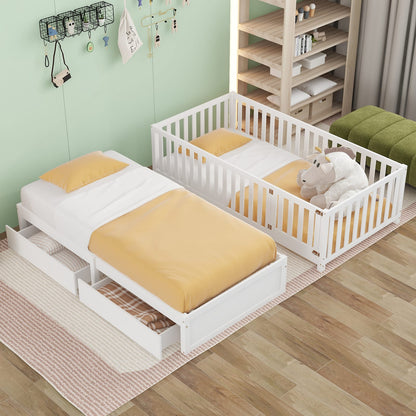 Twin Size Wood Daybed - White with Fence Guardrails & Drawers