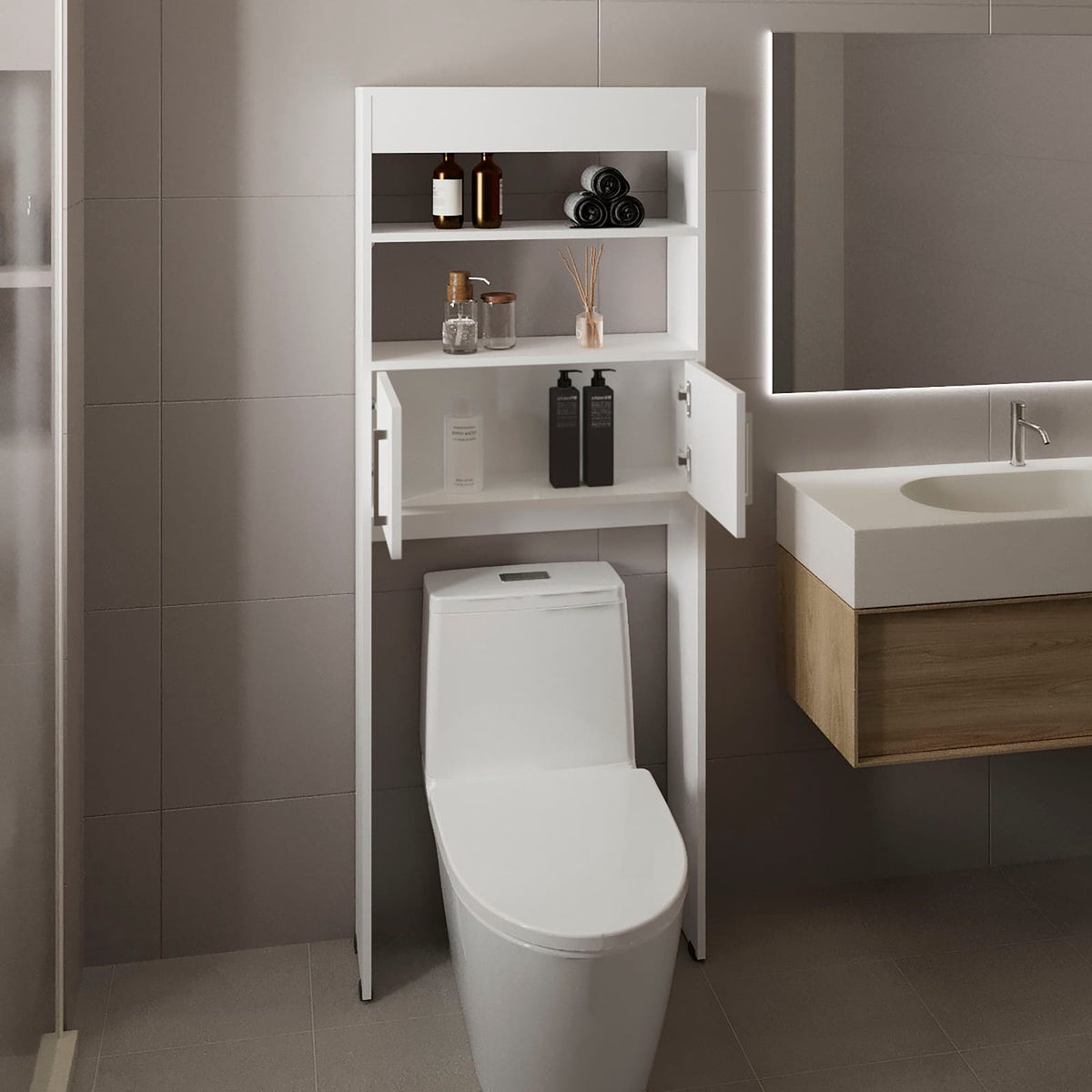White Over The Toilet Storage Cabinet 63" H - 2 Shelves