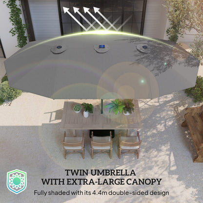 Large Grey Double Patio Umbrella with Solar Garden Lights