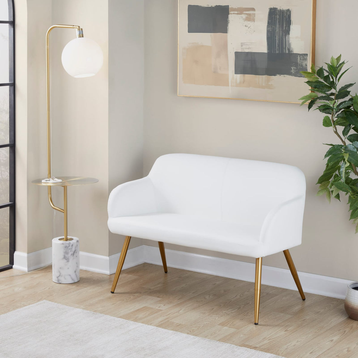 White Faux Leather Bench for Dining Room Seating with Gold Steel Legs