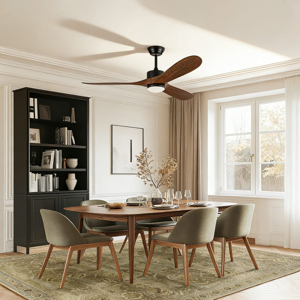 60 Inch Matte Black Ceiling Fan with Wood Blades - DC Motor, Remote Control