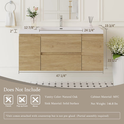 Oak Wall Mounted Bathroom Vanity with Sink - 48" Storage Cabinet