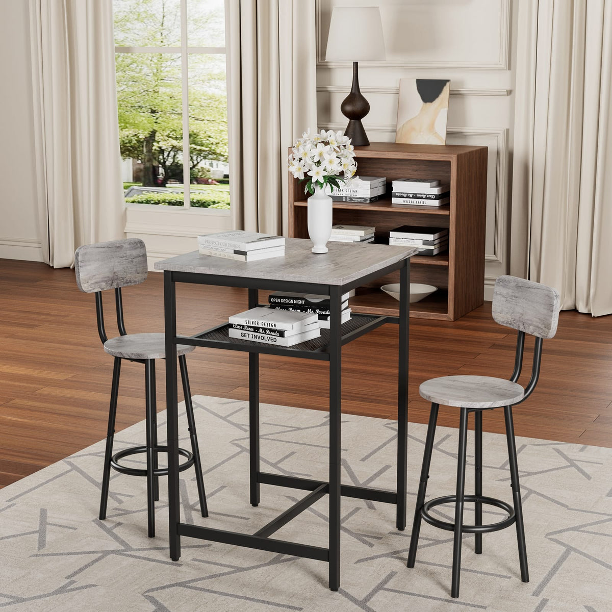 2-Person Grey Dining Table Set with Stools for Dining Room