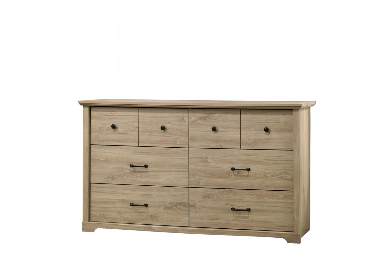 Elara 57"W Light Oak Dresser - 6 Drawers, Black Hardware