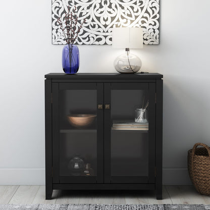 Solid Wood Storage Cabinet with Glass Doors in Black for Living Room