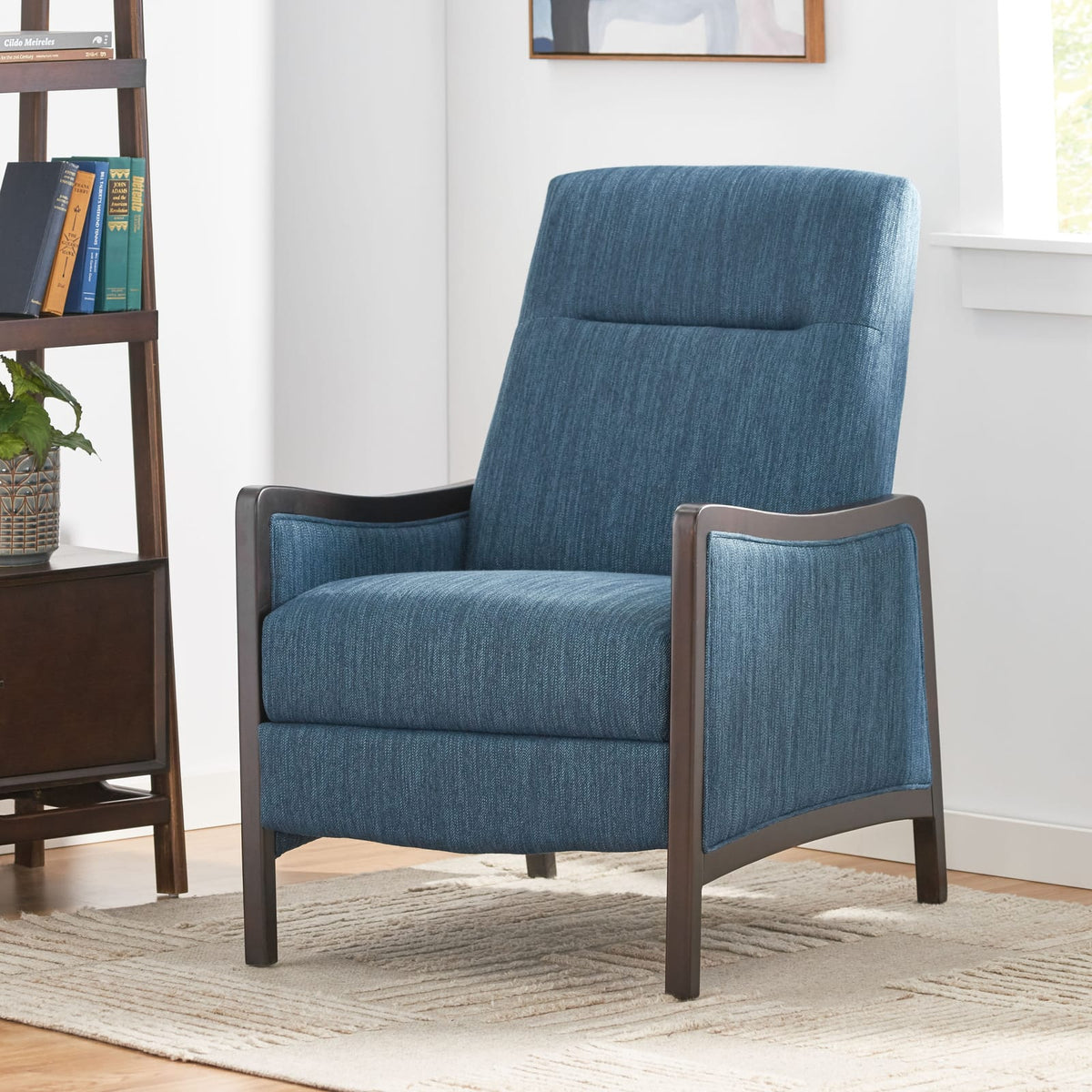 Navy Blue Fabric Recliner Mid-Century Modern Style - Pushback Sofa