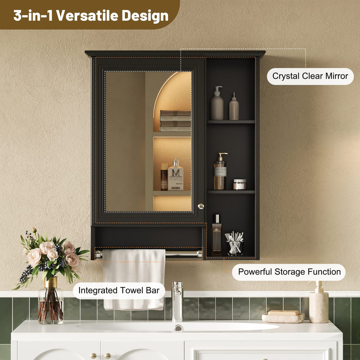 Black Bathroom Storage Cabinet - Wall Mounted Mirror Cabinet