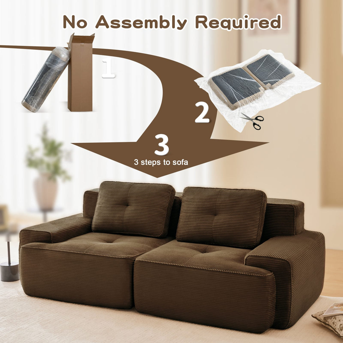 Brown Corduroy 2-Seat Modular Sofa - L-Shaped Sectional for Living Room