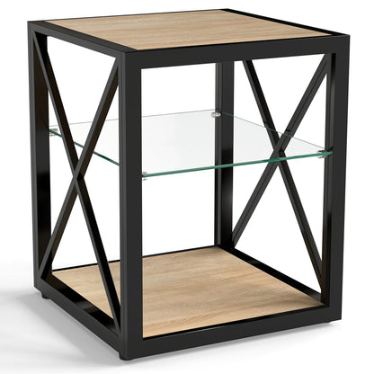 Set of 2 Modern End Tables - Glass & Wood Nightstand