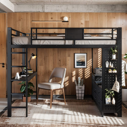 Queen Size Loft Bed with Desk - Black MDF Metal Frame for Bedroom