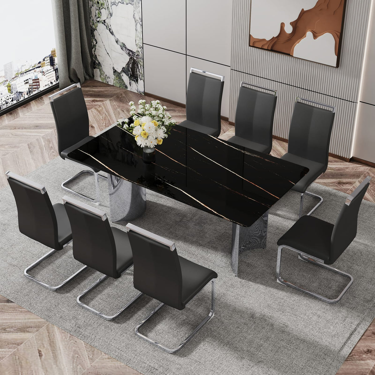 Black Marble Glass Dining Table Set with 8 Comfortable PU Chairs