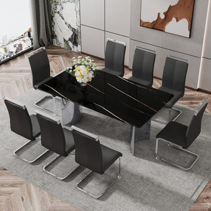 Black Marble Glass Dining Table Set with 8 Comfortable PU Chairs