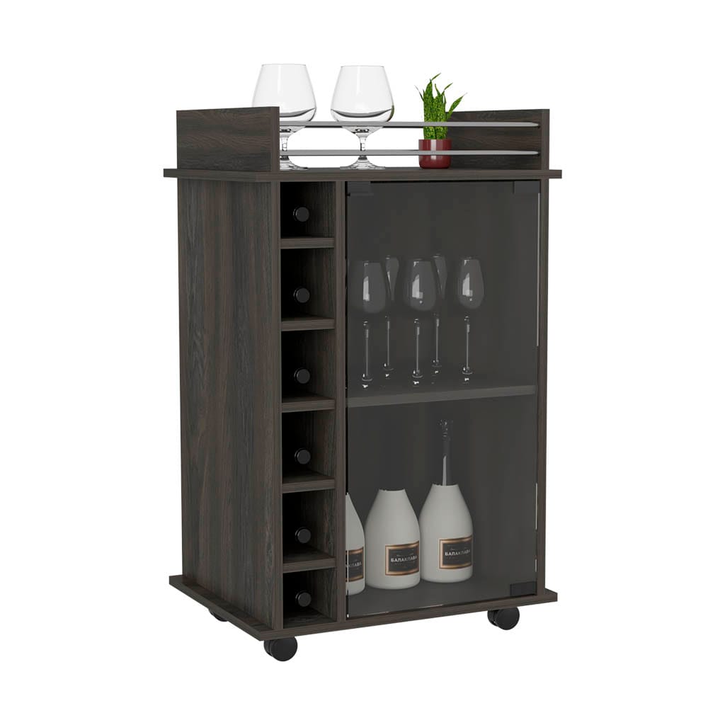 Espresso Particle Board Bar Cart with 6 Liquor Cubbies for Kitchen Storage