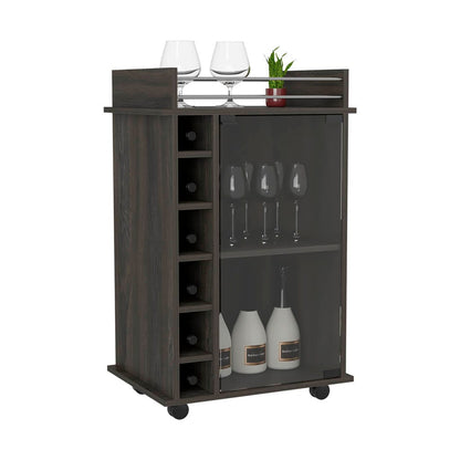 Espresso Particle Board Bar Cart with 6 Liquor Cubbies for Kitchen Storage