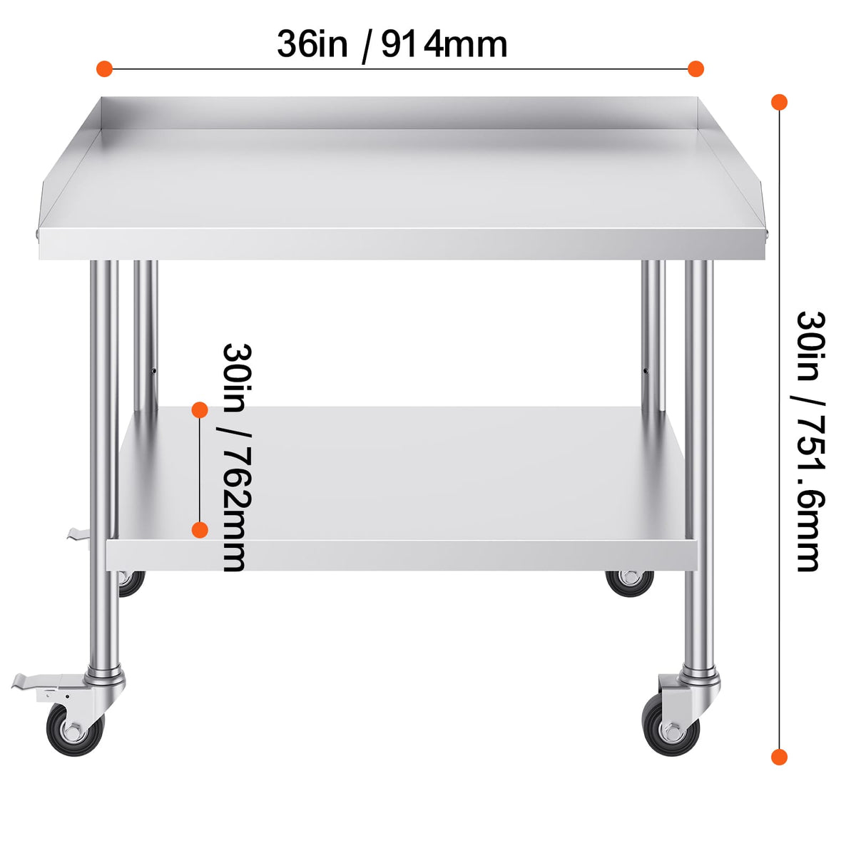 30 x 36 Stainless Steel Work Table - 3 Shelves, Wheels, Silver for Living Room