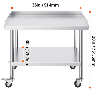 30 x 36 Stainless Steel Work Table - 3 Shelves, Wheels, Silver for Living Room