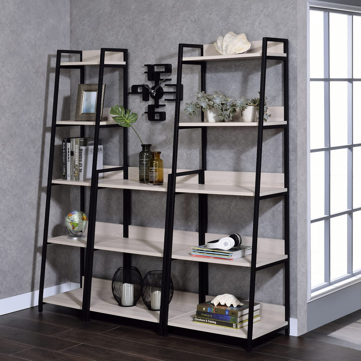 Natural & Black Ladder Bookshelf - 5 Tier Display Shelf