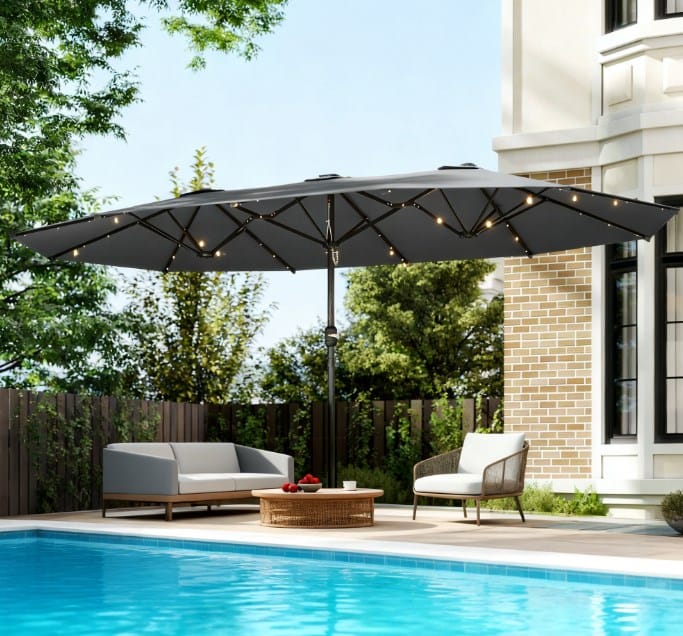 Large Grey Double Patio Umbrella with Solar Garden Lights