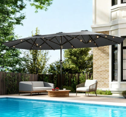 Large Grey Double Patio Umbrella with Solar Garden Lights