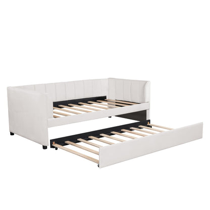 Beige Velvet Daybed with Trundle - Twin Size for Bedroom