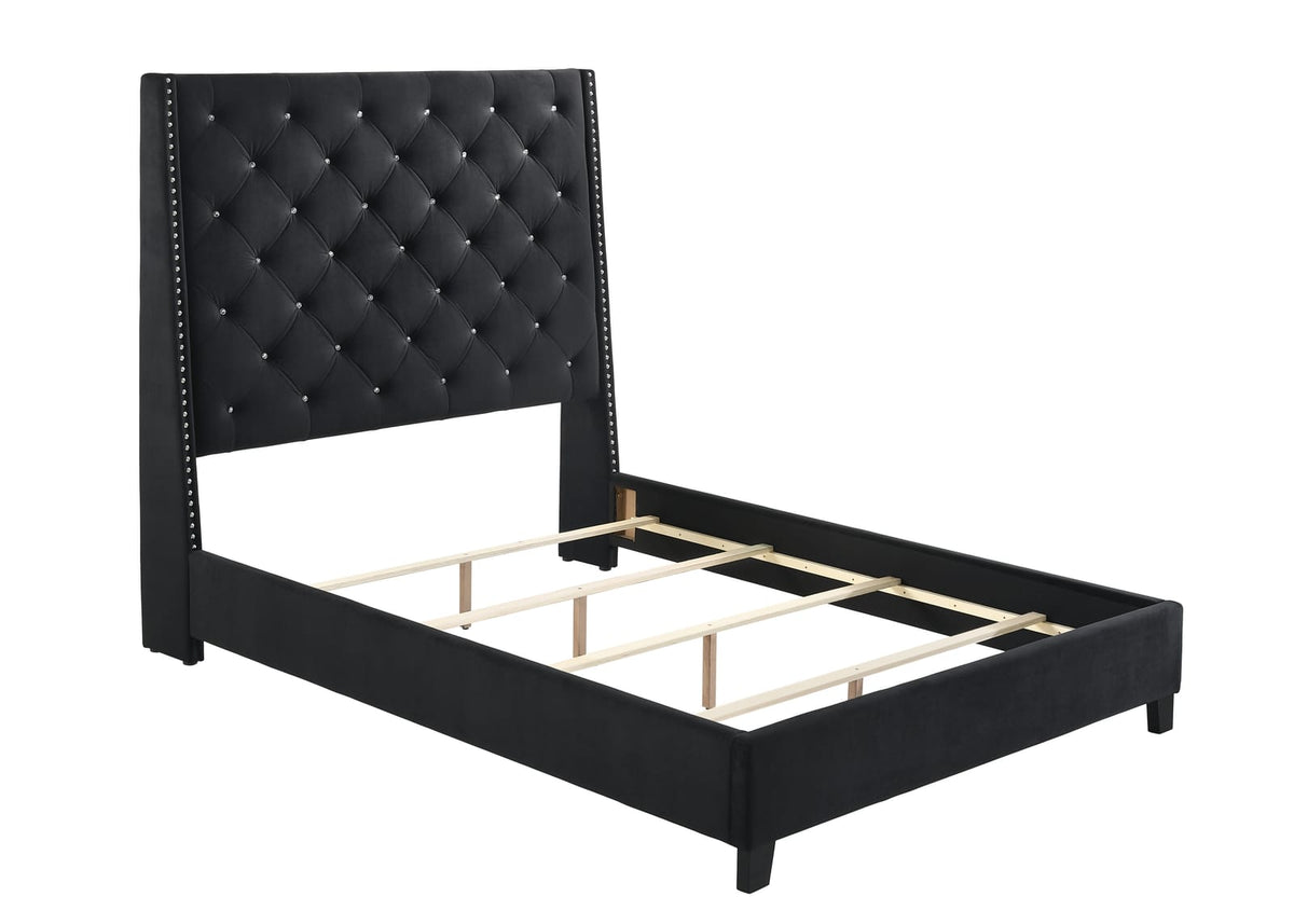 Queen Black Wood Bed Frame Button Tufted Modern